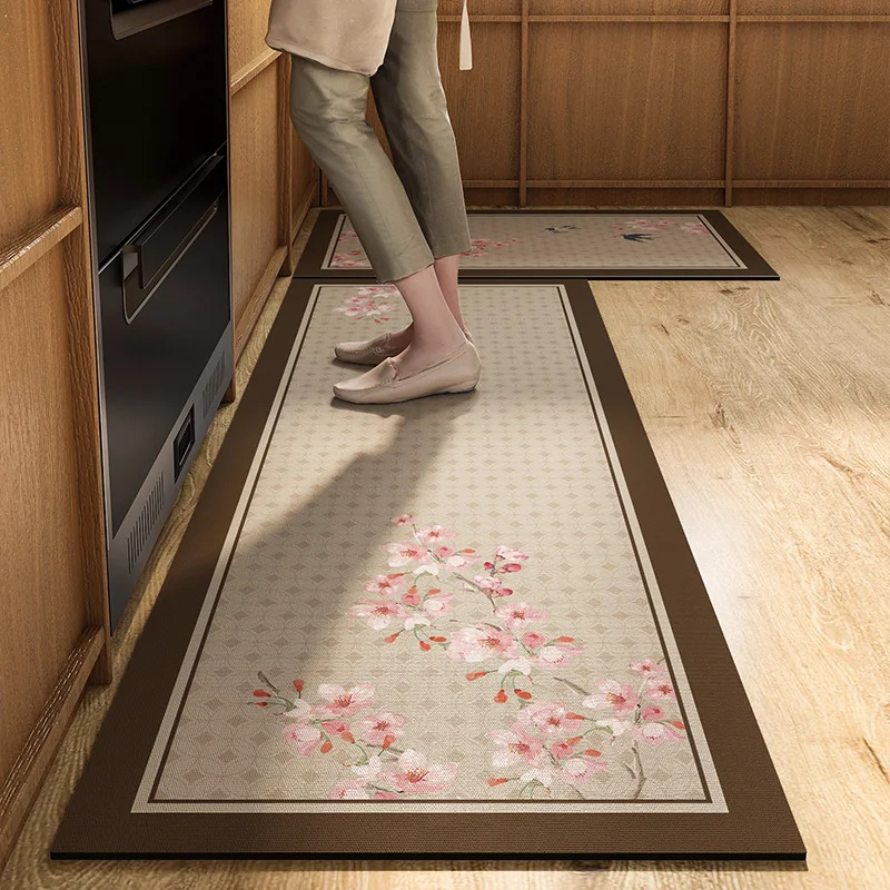 Alfombra de cocina de paisaje de estilo chino, alfombra de PVC con patrón de flores y pájaros, Retro, étnico, antideslizante, impermeable