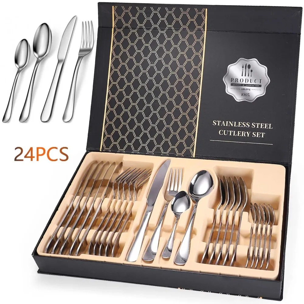 

24 Piece Silverware Flatware Cutlery Set Stainless Steel Utensils Service for 6 Include Knife Fork Spoon