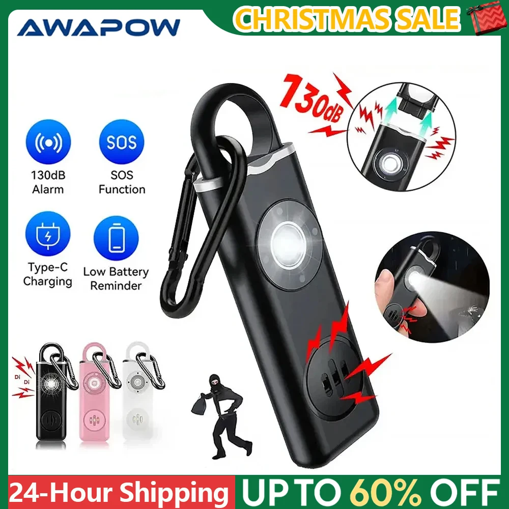 Awapow-Alarme de Défense Personnelle, 130db, avec Lumière LED, Rechargeable, Clé d'Alarme de Sécurité pour Femme, Urgence, Anti-Attaque
