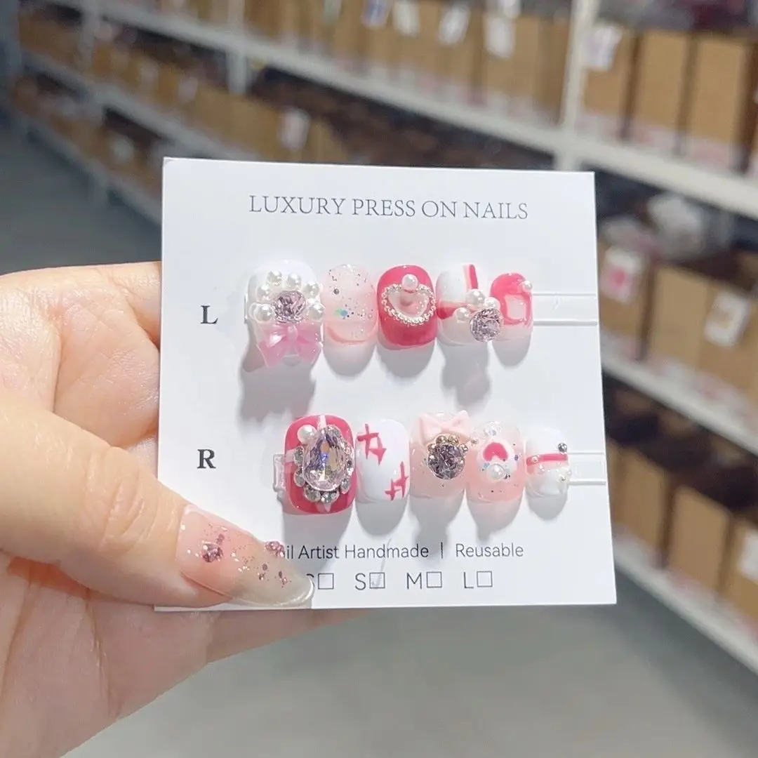 

Cute Short Full Diamond Pearl Heart Hand-Painted Detachable Reusable HighQuality Elegant White Handmade Press On Nails.No.C174