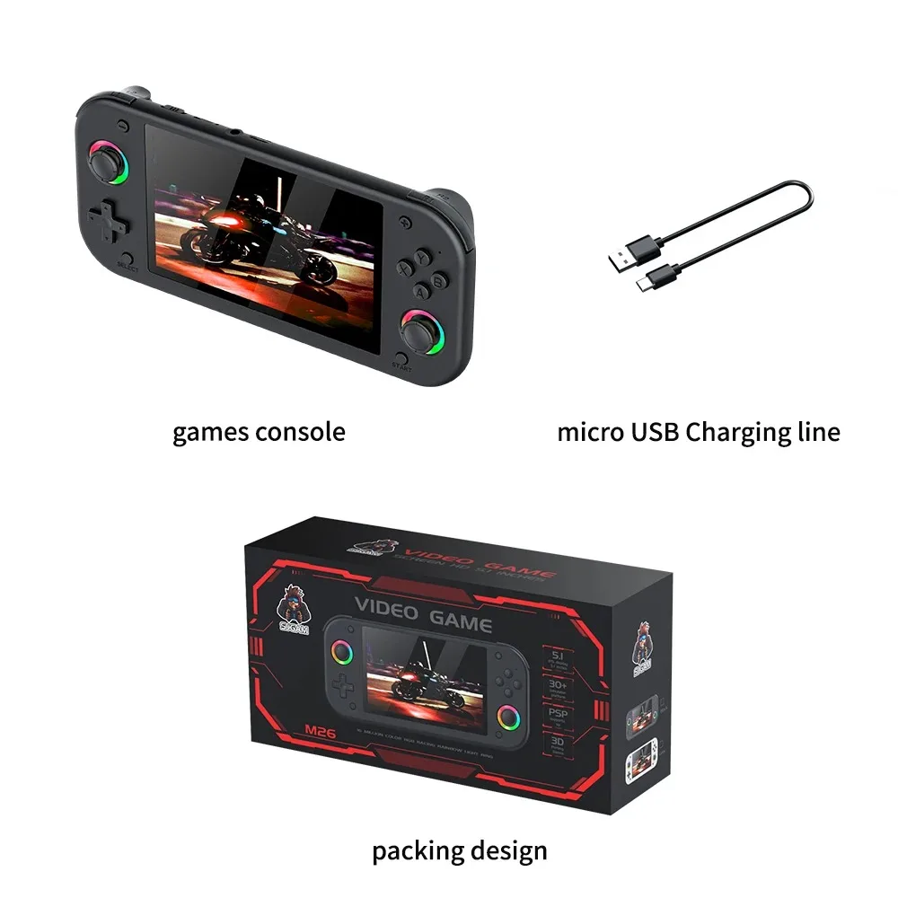 M26 64G/128G/256G 50000Games لعبة فيديو وحدة التحكم 5.1 بوصة 800*480 مع عصا التحكم الملونة RGB HD ألعاب التلفزيون المنزل لاعبين هدية للأطفال