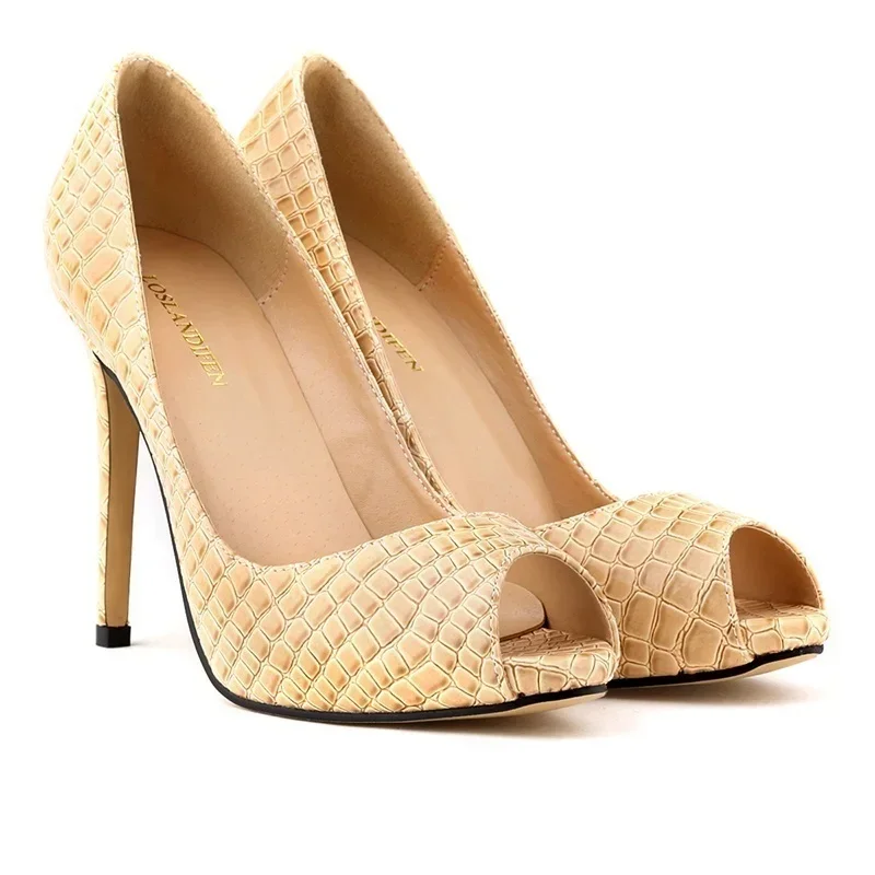 

Women Pumps Stilettos Summer 11cm Sexy Crocodile Pattern Peep Toes Shallow High Heels Elegant Party Wedding Shoes Large Size 43