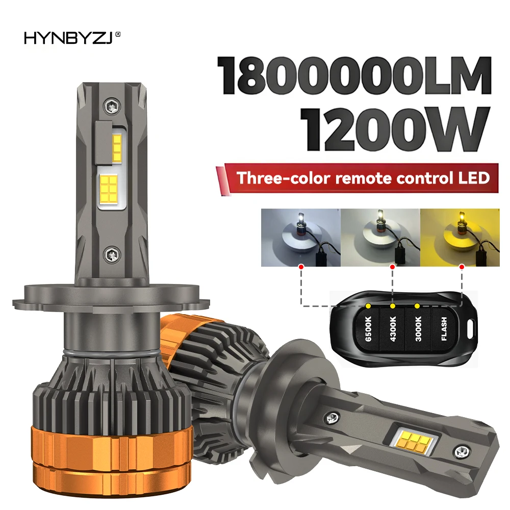 

1200W H4 LED Headlights with H1 H7 H11 9005 9006 9012 6500K 4300K 3000K Three Color Remote Control for Car Headlights Lights