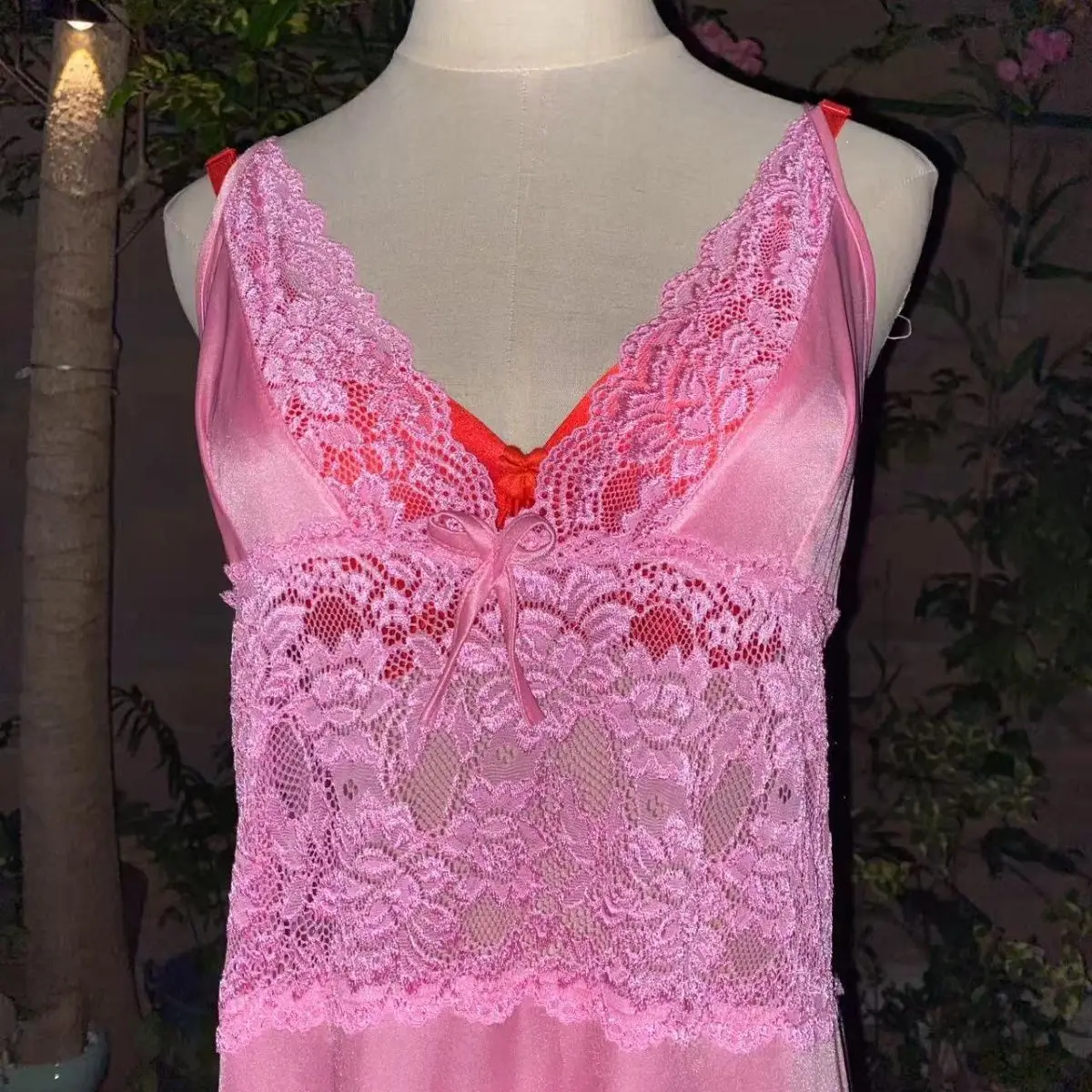 Glossy V Neck Lace Women Satin Loose Maxi Dress Sleeveless Plus Size Sexy Sleeping Robe view 2