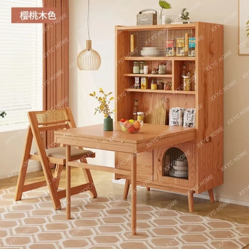 XXFoldable dining table integrated dining side cabinet solid wood retractable household small apartment robot multi-functional