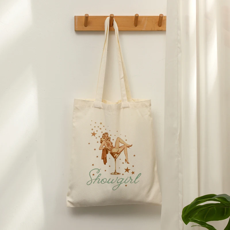 Vintage Showgirl Canvas Tote Bag, Retro Pin-Up Martini Print, 1950s Style Reusable Shoulder Bag