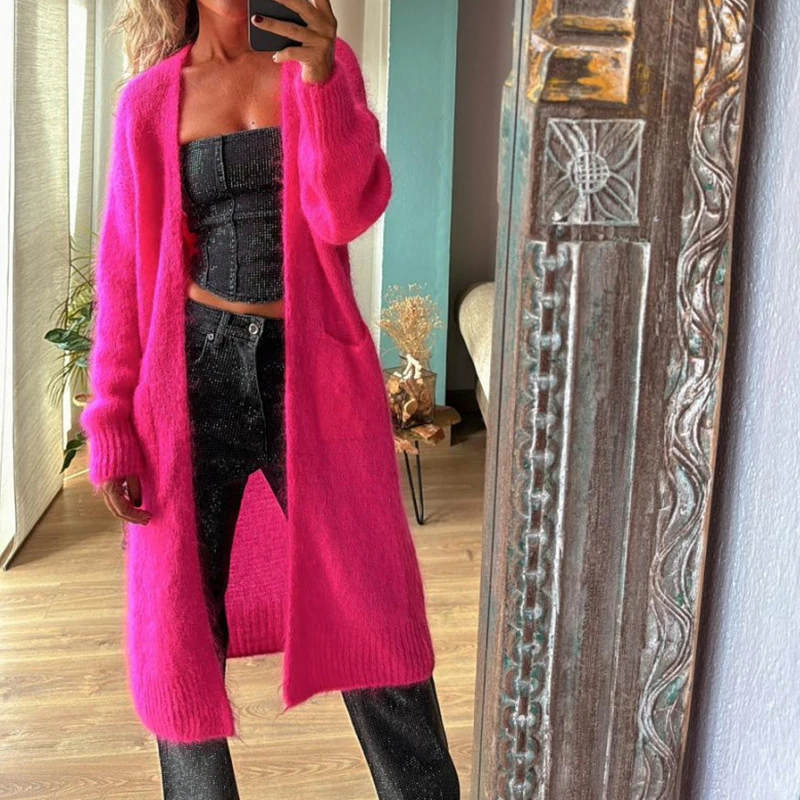 Casual High Street Loose Sweater Coat 2024 Winter Solid Color Knitted Cardigan Office Ladies V-neck Long Sleeve Pocket Sweate