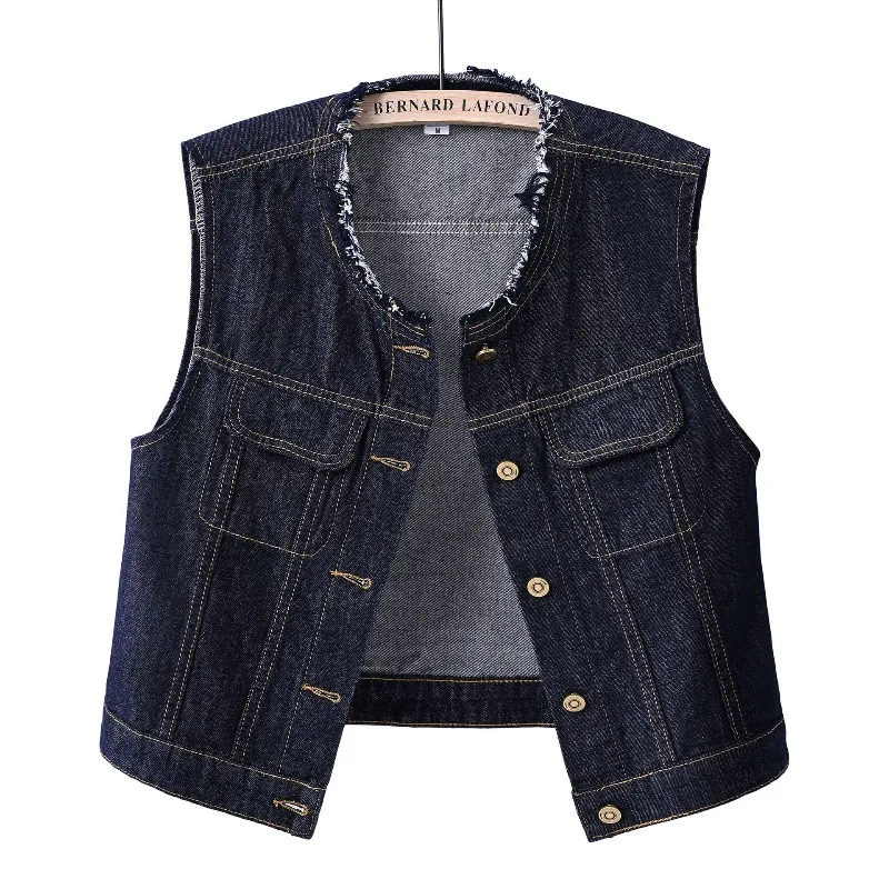 

Summer New Short Women's Denim Vest Jackets Slim Fit Casual Retro Waistcoat Fringed Round Neck Sleeveless Female Camisole Trend