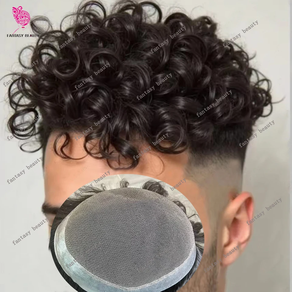 

Необнаружимая линия роста волос 20 мм 24 мм, натуральные вьющиеся 100% человеческие волосы, мужской парик, супер прочный темно-коричневый протез человеческих волос для мужчин