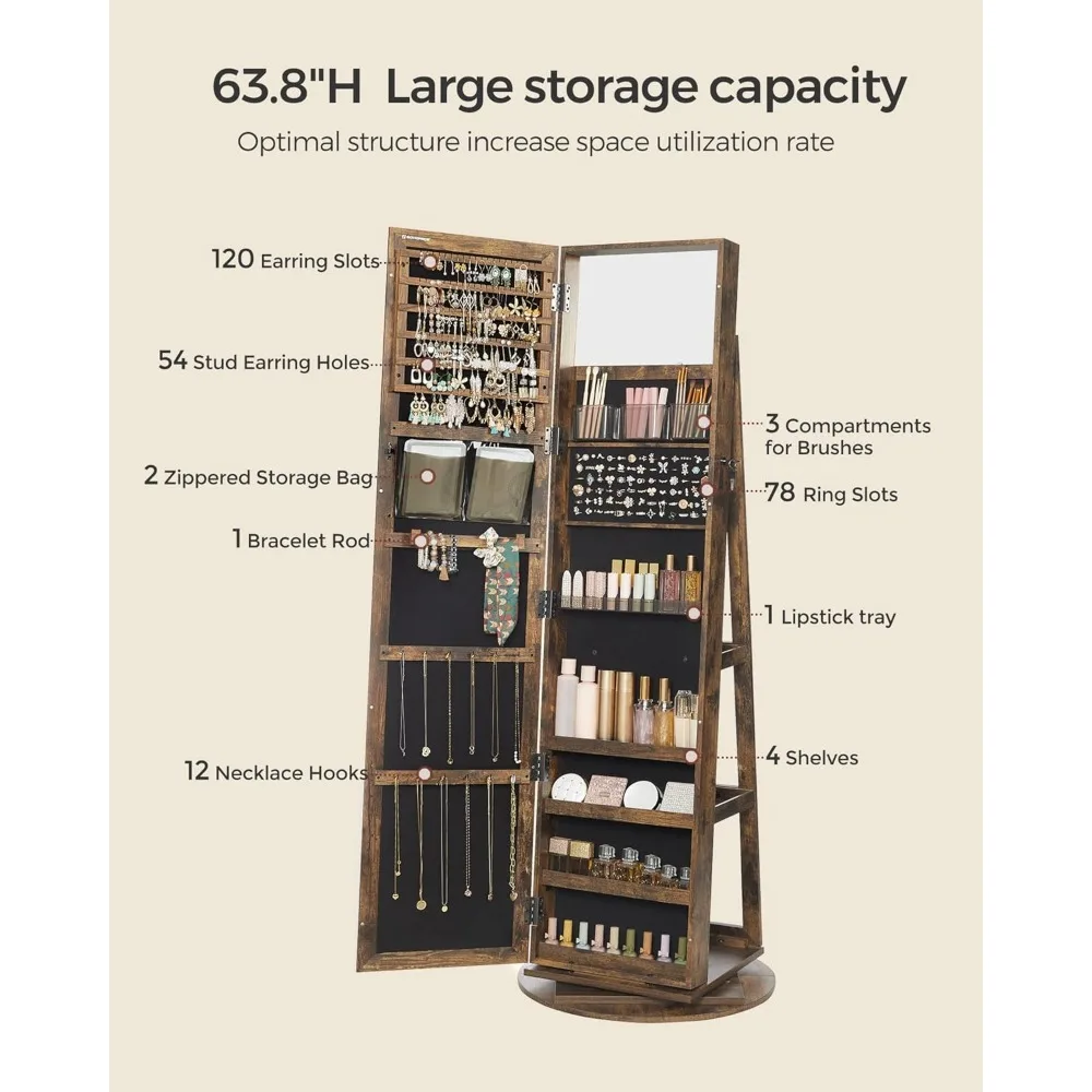 Rotating Jewelry Storage Cabinet, 360 ° Lockable, Equipado com Full Length Mirror, Rear Storage Shelf