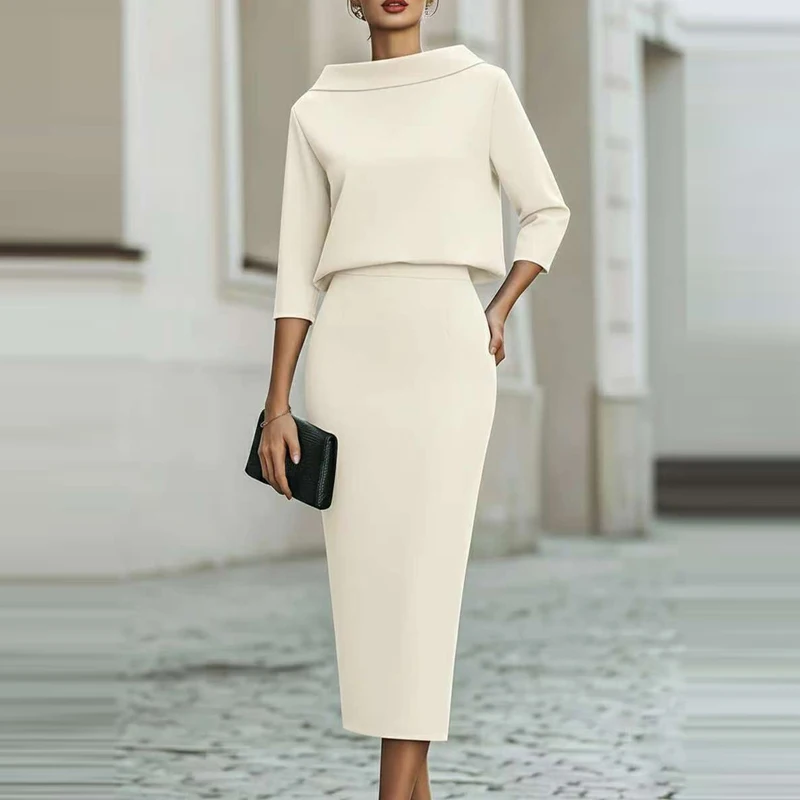 

Elegant O-neck Pullover Top & Skirt Outfits Women's Casual 3/4 Sleeve Solid 2Pc Sets Fashion Hight Waist Women's Midi Skirt Suit