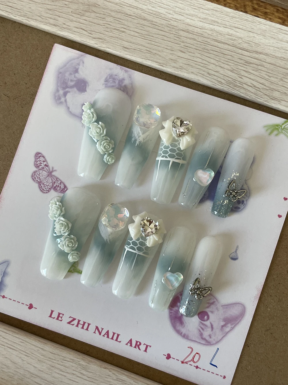 L Size Special Offer Luxury Princess Pearl Blue Rose Diamond Rivet Nail Patch Gentle 3D Flower Butterfly Bubble Almond Nail Art