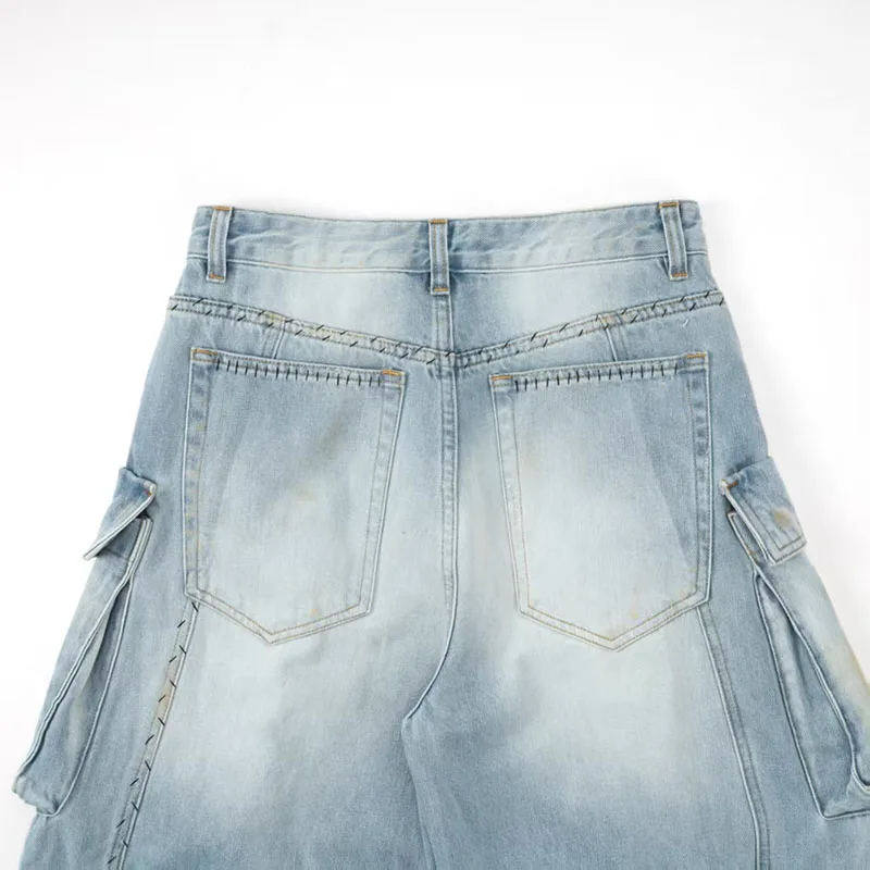 Women's jeans 2025 Winter new low waisted slim fit pure cotton wide leg pants Retro ripped cargo pants Multi pocket denim pants