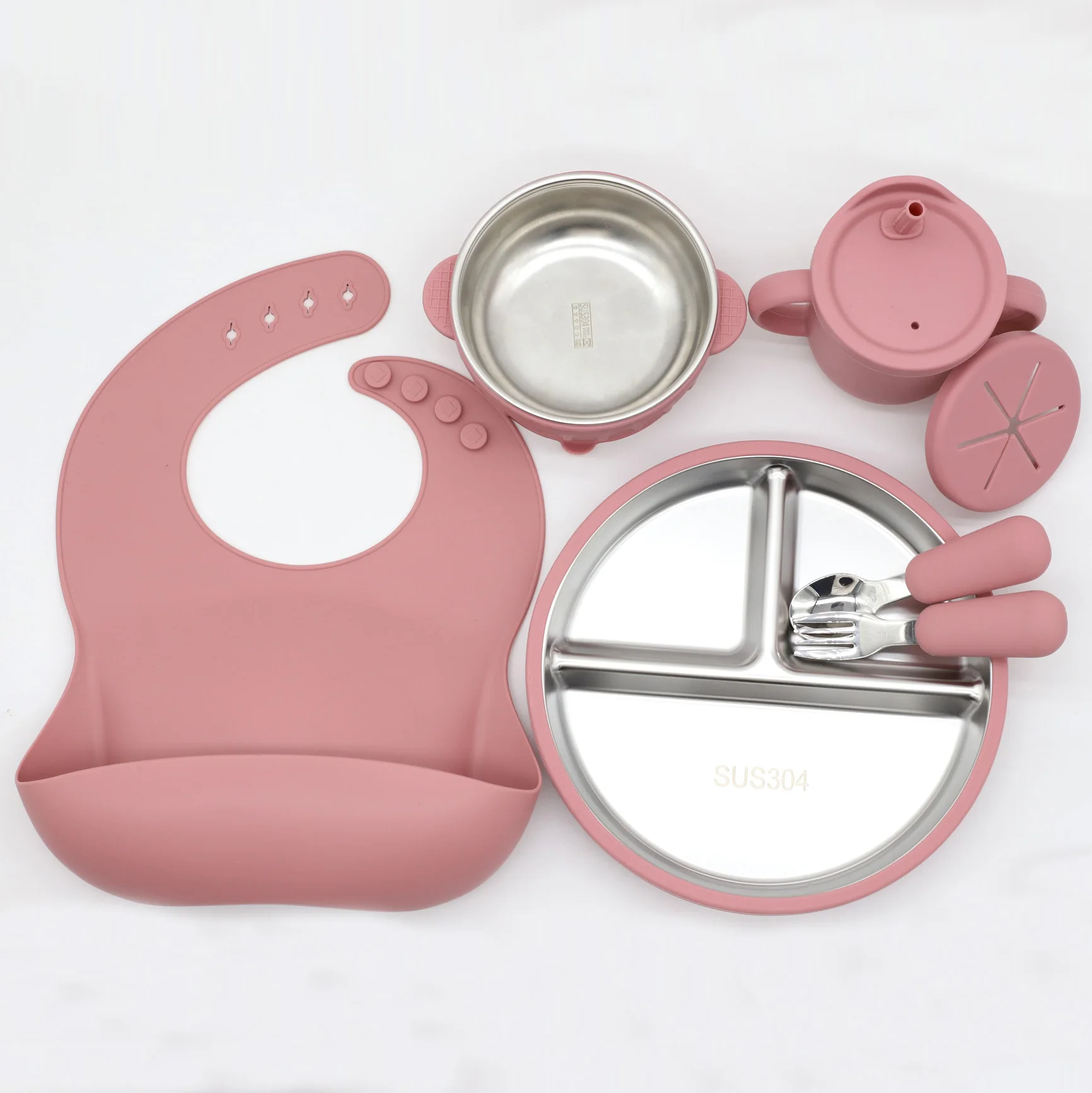 Silicone stainless steel tableware 7-piece set, bib, plate, bowl, stainless steel spoon, fork, multifunctional water cup set