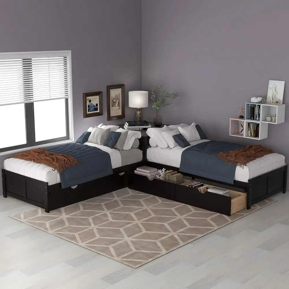 

L-Shaped Kids' Beds with Trundle and Storage, Twin Double Wood Platform Beds with Nightstand