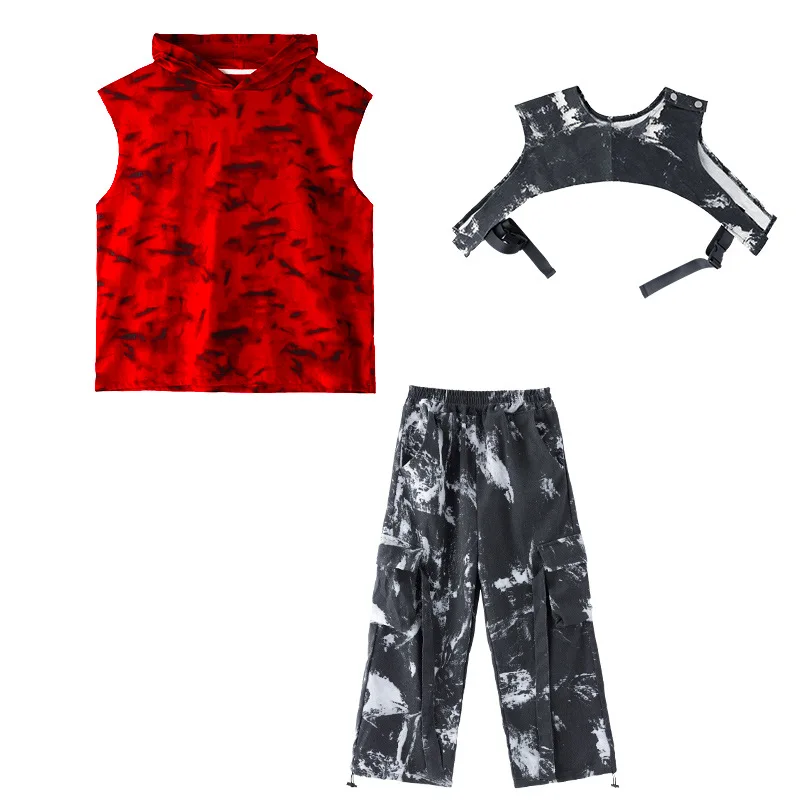 

Комплекты одежды для танцев в стиле хип-хоп для детей, джазовый костюм для девочек, камуфляжные красные топы, брюки с принтом тай-дай, наряды для уличных танцев для мальчиков, рейв