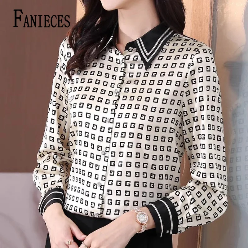 

FANIECES 2XL 3XL топ женский Korean Women Elegant Satin Letter Print Shirt and Blouses Chic Long Sleeve Casual Loose Tops 6513