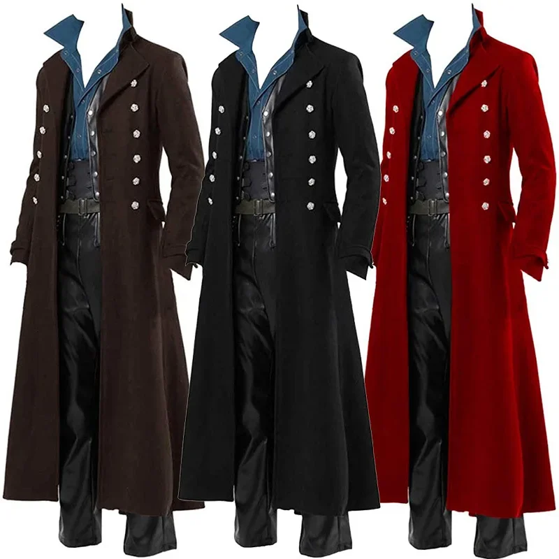 2021 Vintage Medieval Costumes Steampunk Gothic Black Long Jacket Coat Vampire Cosplay Pirate Halloween Outfit Men's Trenchcoat