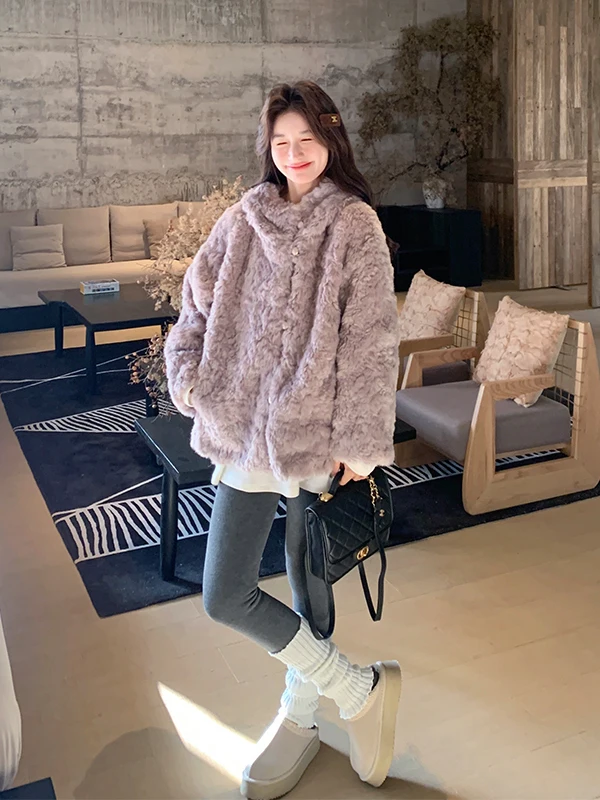 جاكيت نسائي جديد للخريف والشتاء من فرو الحمل الأرجواني المضاد للشيخوخة مع غطاء للرأس، سترة جلدية دافئة ومبطنة