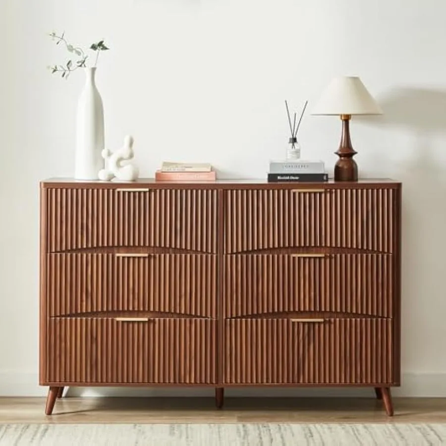

Fluted Drawers Dresser, Modern Chest of Drawers for Bedroom (Walnut, 15.8" D x 55.1" W x 35.4" H (6 Drawers))