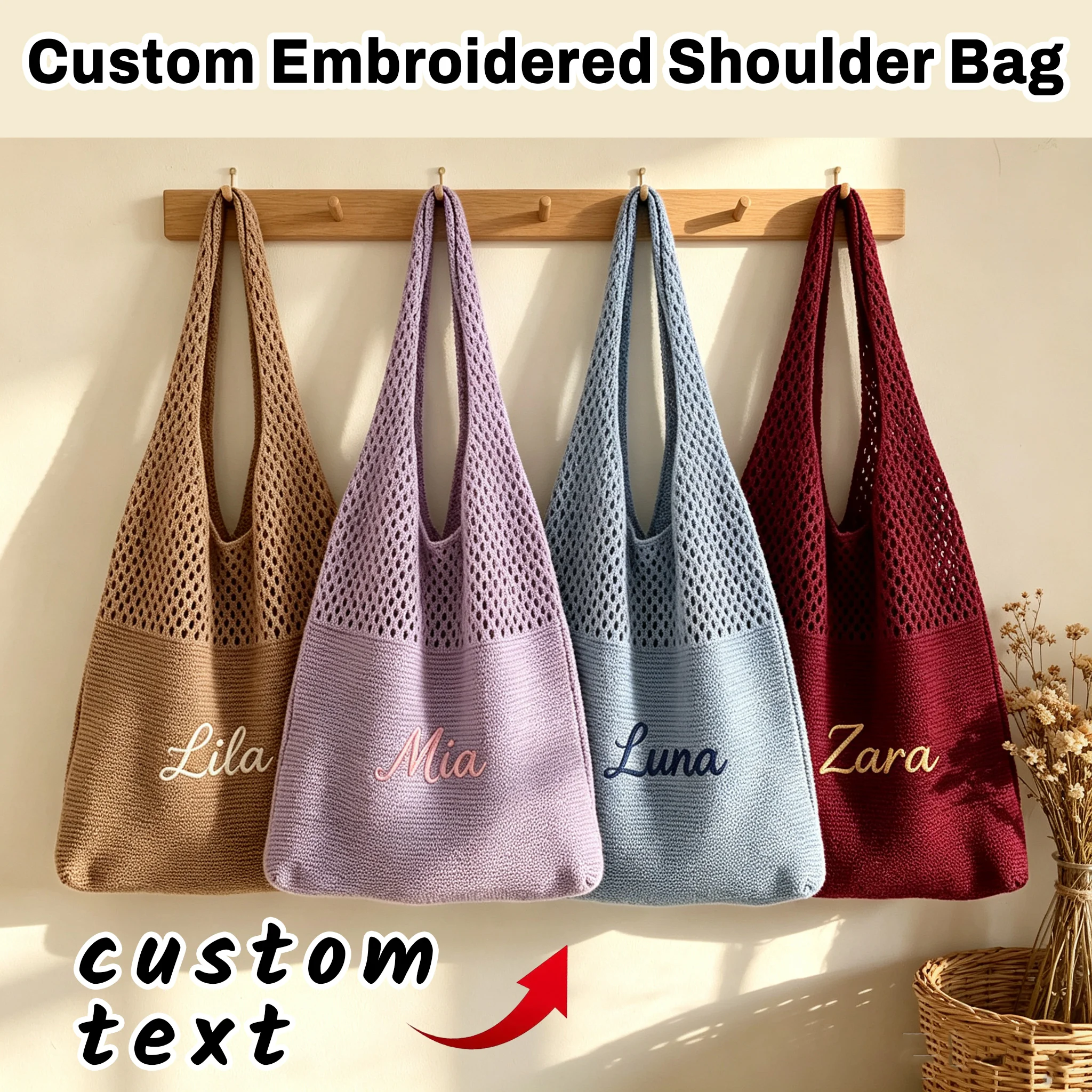Personalized Custom Name Knit Shoulder Tote Bag, Hollow‑out Crochet Handbag, Vintage Casual Knitted Under‑arm Bag for Daily Shop