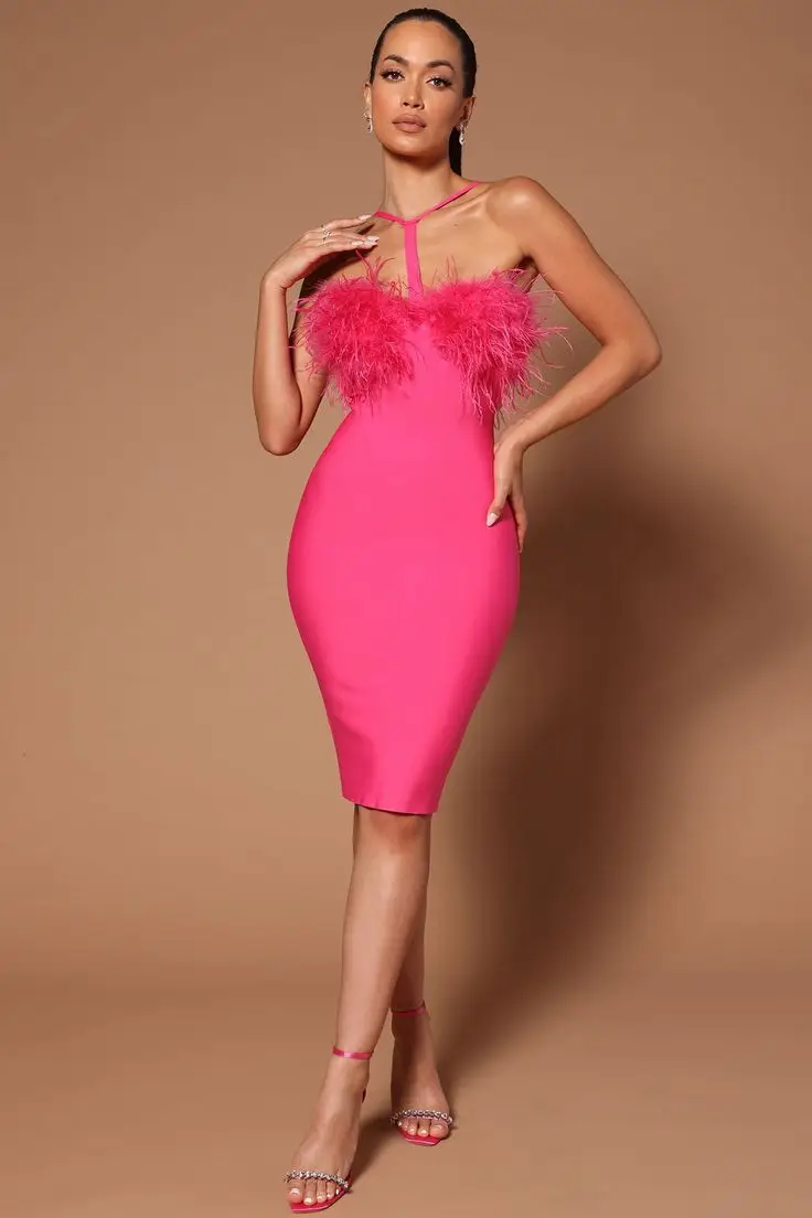 

Dresses for prom Women Summer Sexy Ostrich Feather Cut Out Hot Pink Mini Formal Occasion Dresses Cocktail Birthday Dresses Luxur