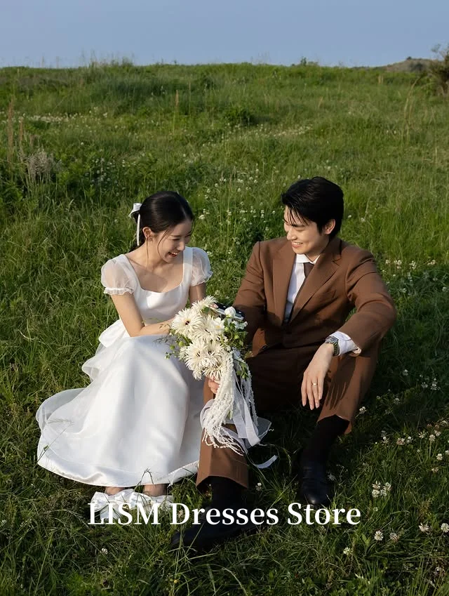 LISM Square Collar Korea Wedding Dresses Short Sleeves Silk Satin Tulle Elegant Customized Bridal Gowns Photo Shoot 웨딩드레스