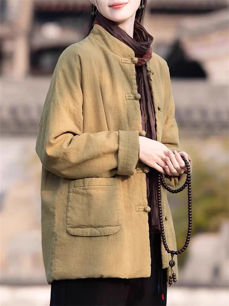 

Vintage Chinese Zen Buddhist Winter Coat for Women, Cotton Linen Blend Button-Up Thermal Padded Jacket, Retro Outerwear G211