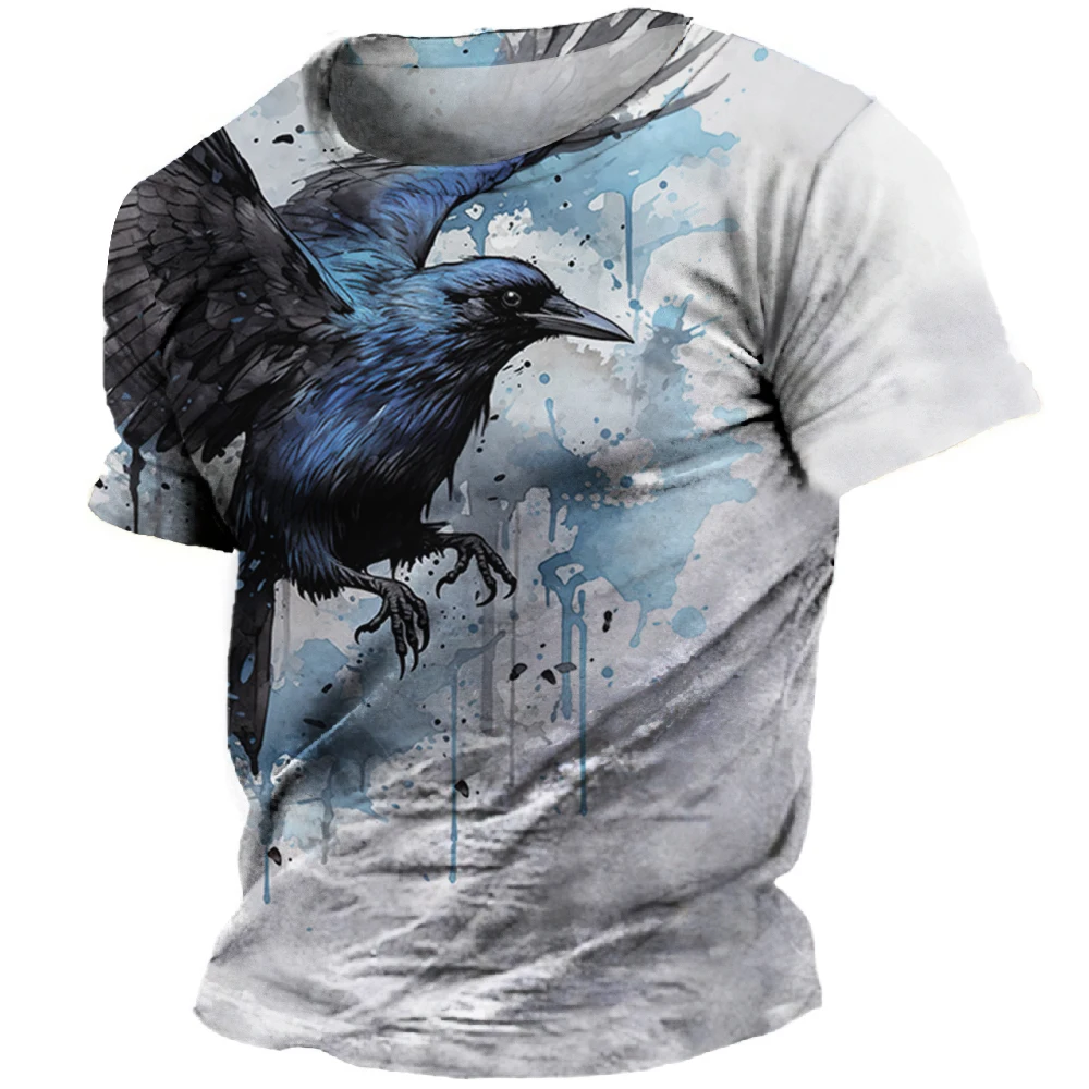 Vintage T-shirt For Men's Casual Fashion Animal Print Tees Black Bird Tops Oversized Streetwear Crow Short-sleeve Men Clothing