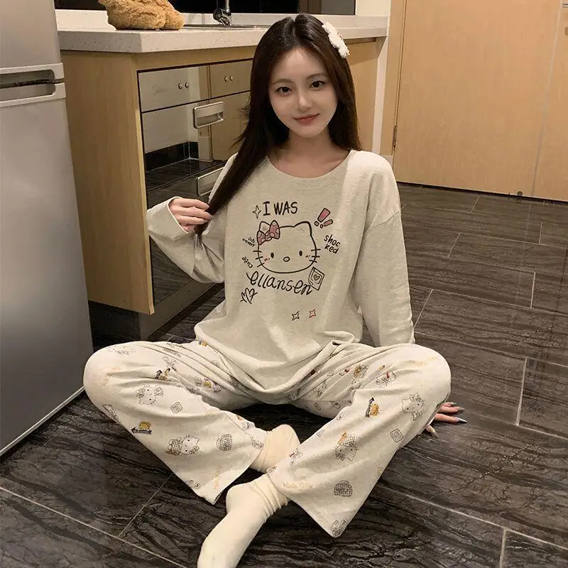 حار أنيمي مرحبا كيتي جديد المرأة منامة في سن المراهقة ملابس كاجوال الكرتون القط Kawaii نمط ملابس المنزل الفتيات طويلة الأكمام بنطلون