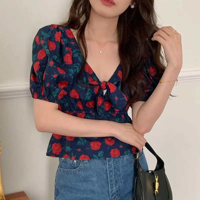 Stylish Sexy V-Neck Drawstring Blouse Summer Vintage Broken Flowers Rose Korean Waist Female Clothing Elegant Puff Sleeve Shirt