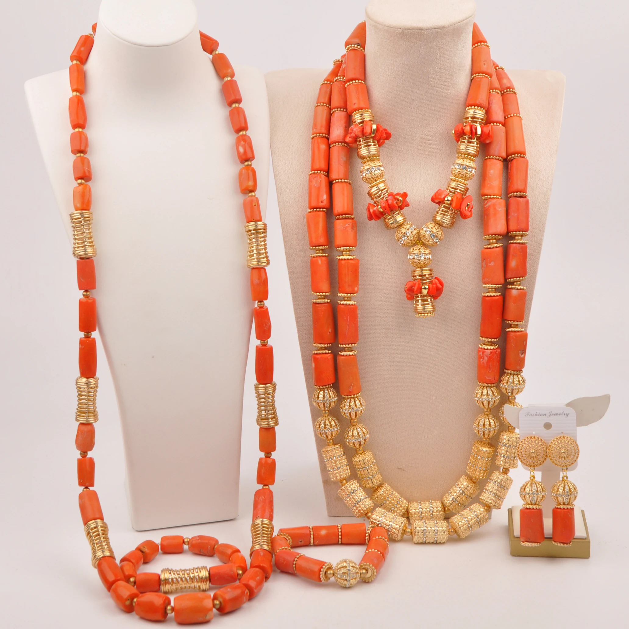 

Fashion Nigerian Traditonal Wedding Coral Beads Jewelry Set African Bride and Groom Couple Jewelry Sets