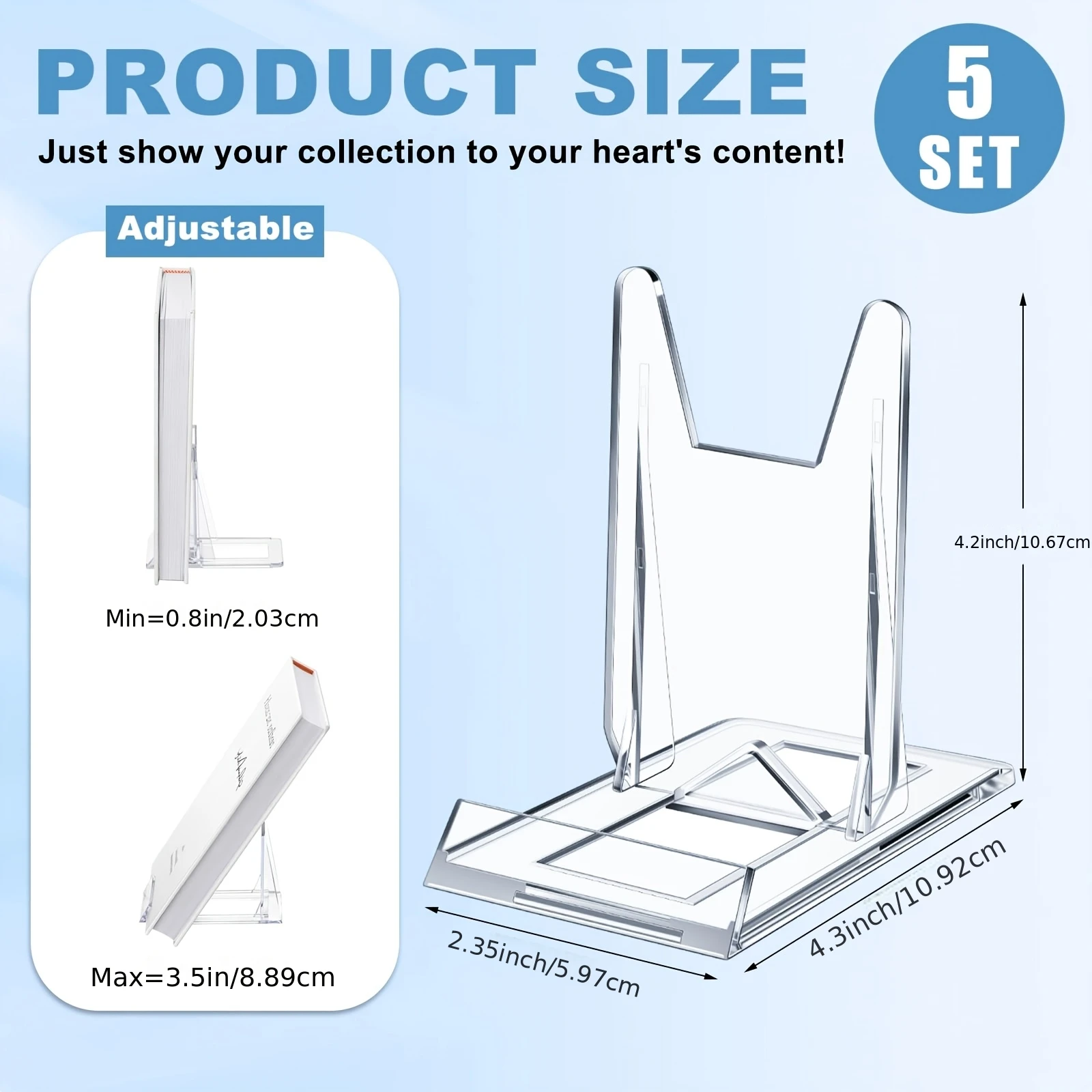 5 Pack Adjustable Clear Acrylic Book Display Stands for Home Office Library Books Comics CDs Magazines Postcards Artwork
