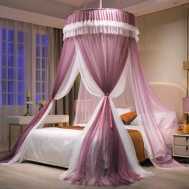 Imagem -02 - Universal Elegante Tulle Dome Quarto Mosquiteiro Laço Romântico Cor Sólida Cama de Casal Decoração de Casa Mosquito Net