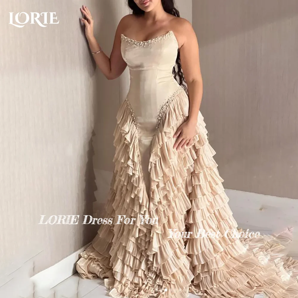 

LORIE Shiny Mermaid Evening Dress V Neck Straps Princess Prom Dress A-Line Shiny Pleats Sparkly Leather Party Gown Customized