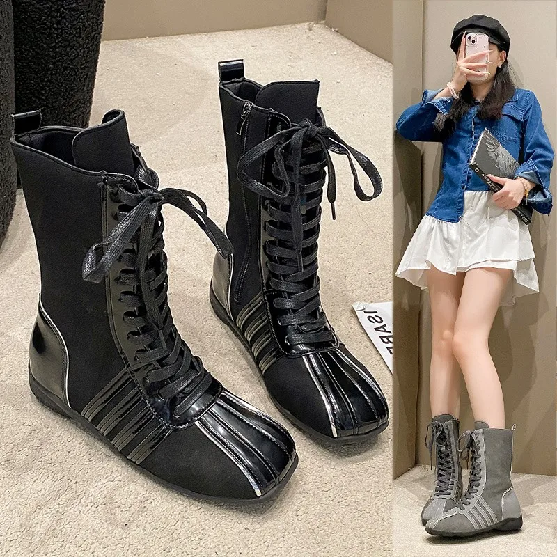 

2025 Women's High quality comfortable and warm Boots New Vintage Fall Winter Boot Flat Color Matching Mid-Calf Boots