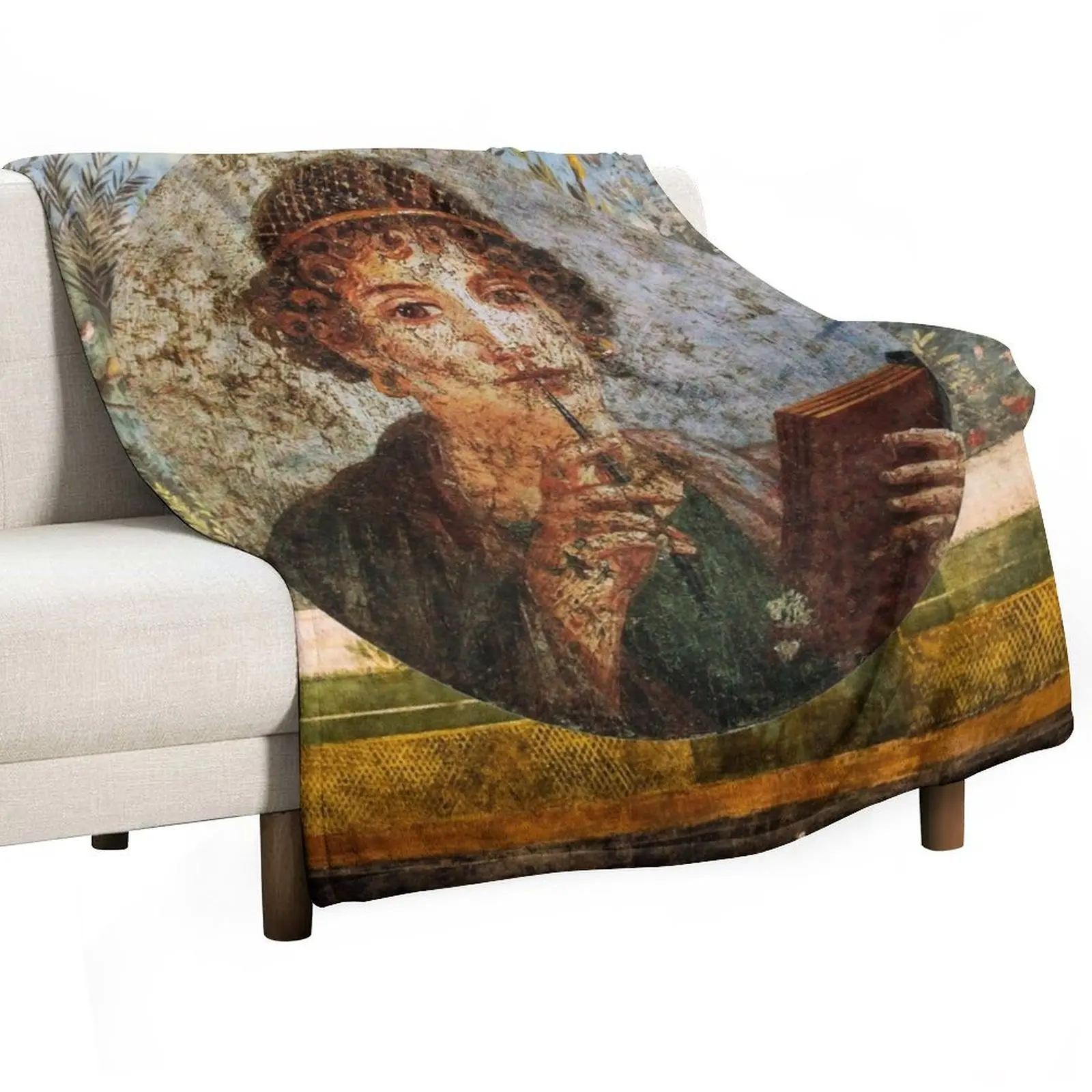 

ANTIQUE ROMAN WALL PAINTING POMPEII SAPPHO Flower Garden Flying Birds ,Quince ,Apple Trees Throw Blanket Sofa Quilt Blankets