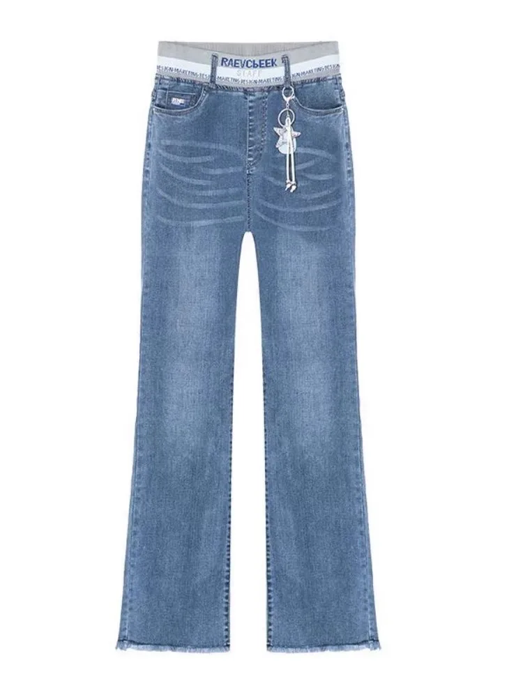 Jean élastique taille haute à jambes larges pour femme, pantalon Long coréen, ample, Slim, droit, Denim bleu, toutes saisons, nouvelle collection printemps automne