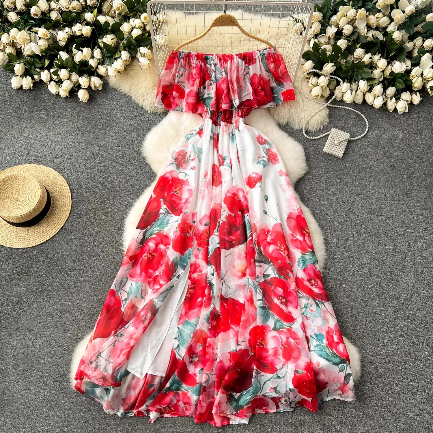 

Summer Off Shoulder Gorgeous Flower Holiday Chiffon Dress Women Slash Neck Floral Print Elastic Waist Long Robes Vestidos 2501