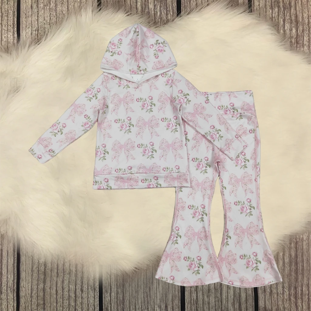 Fall Kids Hooded Sweatshirt Outfit Pink Bow Floral Summarize Toddler Clothes