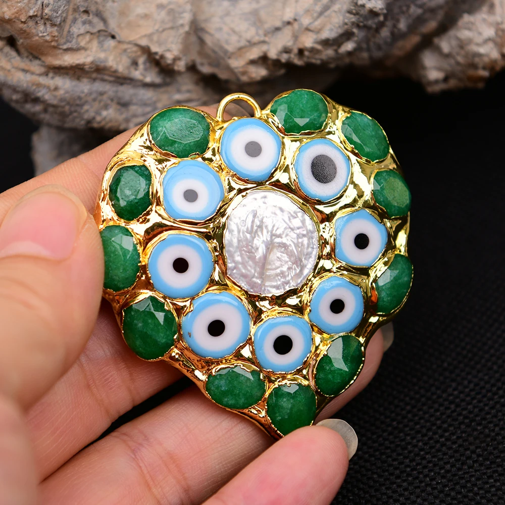 2 Pcs Big Heart Natural White Coin Pearl Green Jade Pendant Charms Designer Jewelry Making DIY