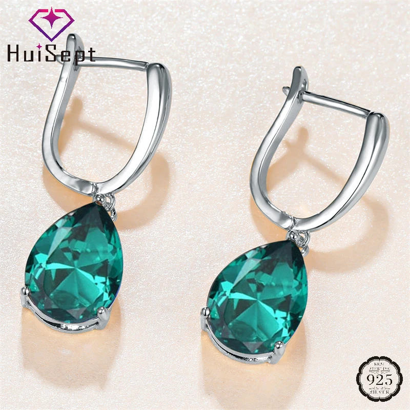 

HuiSept Vintage Women Earrings 925 Silver Jewelry Water Drop Shape Emerald Gemstone Accessories for Wedding Party Promise Gift