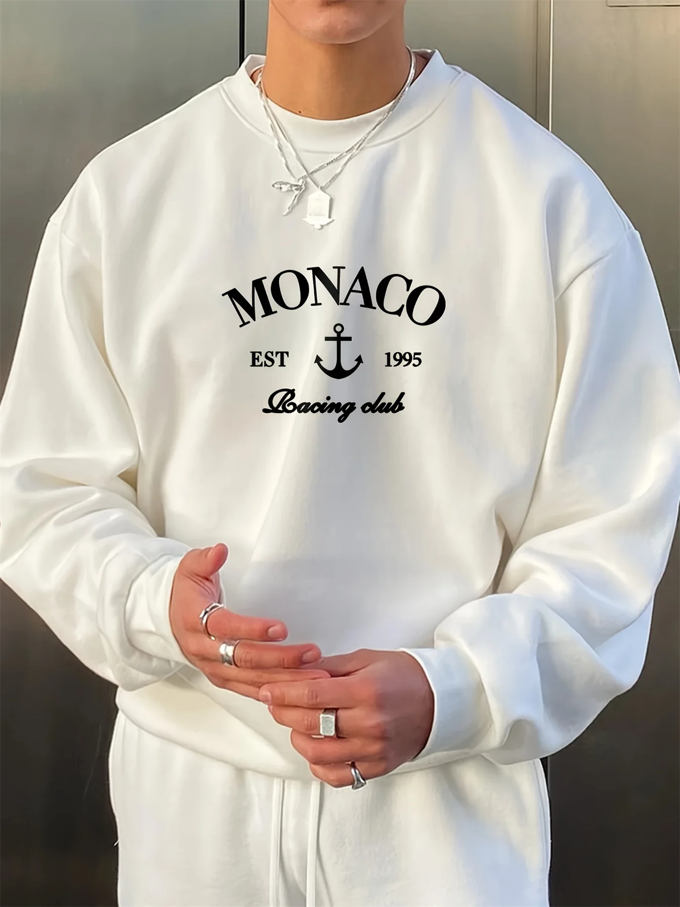 Sweat-shirt à manches longues et col rond pour homme, ample, décontracté, à la mode, avec lettres de monaco imprimées, automne et hiver
