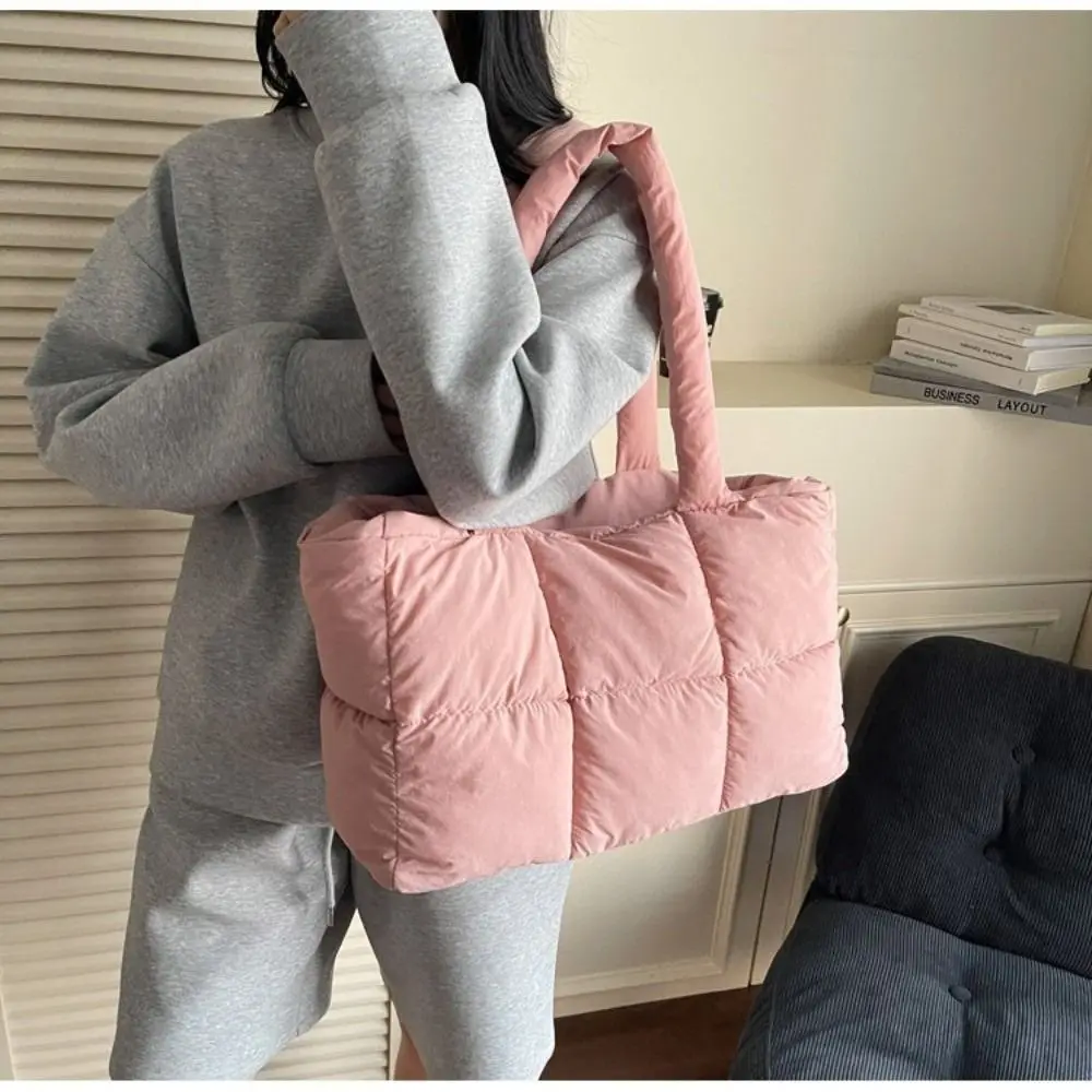 

Trendy Solid Color Puffy Tote Bag Winter Waterproof Down Cloth Handbag Large Capacity Leisure Quilted Plaid Bag Shoulder Bag