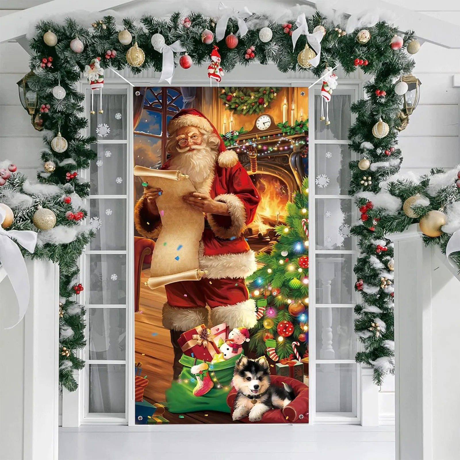 90X180cm Christmas Tree Door Cover and Santa Claus  Festive Holiday Decoration, Winter themed photography Versatile Hanging for