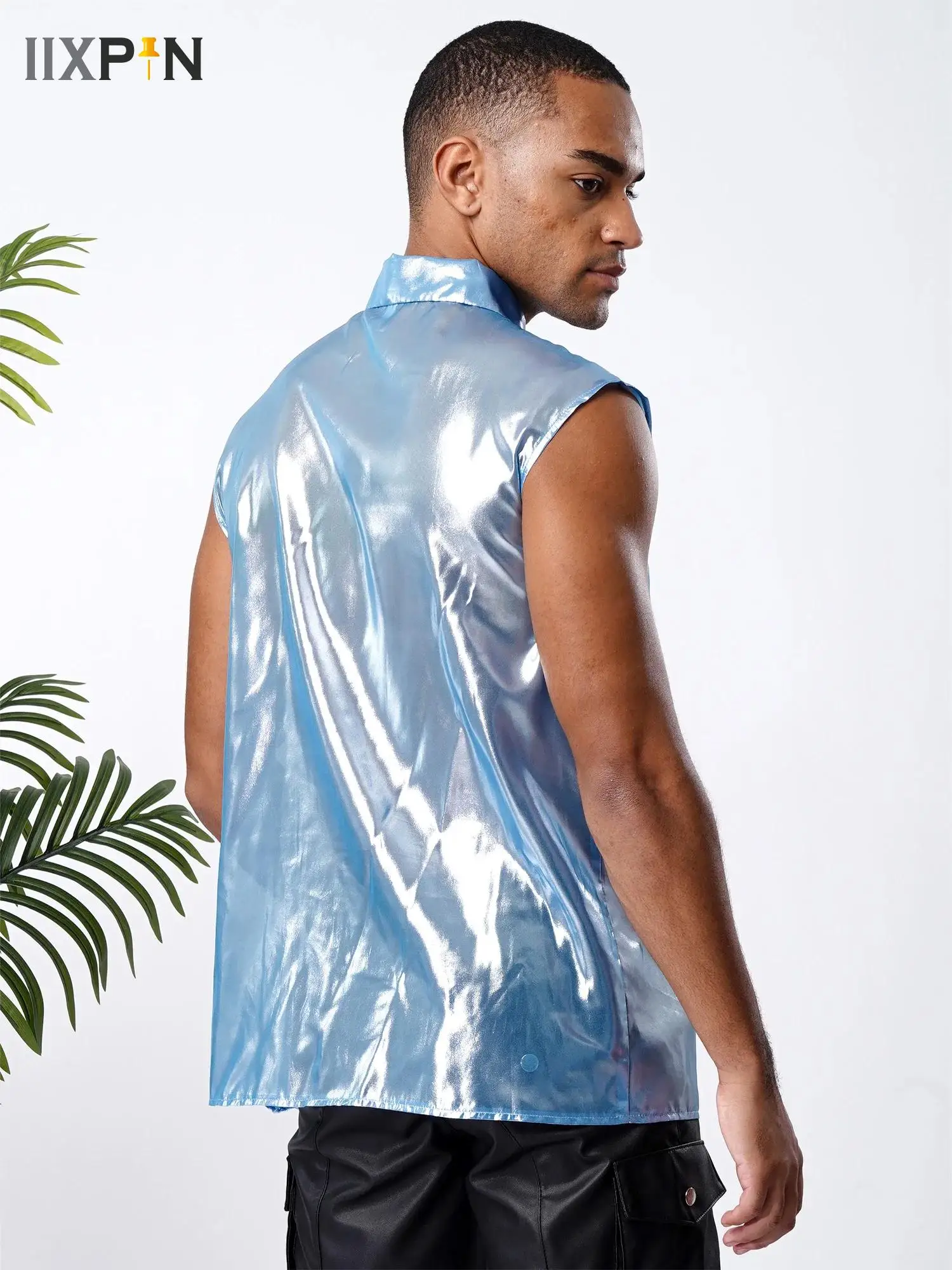 

Men Summer T-Shirt Shimmering Lapel Single-breasted Cardigan Loose Party Shirt Tank Top Casual Club Stage Showing Muscle Wear