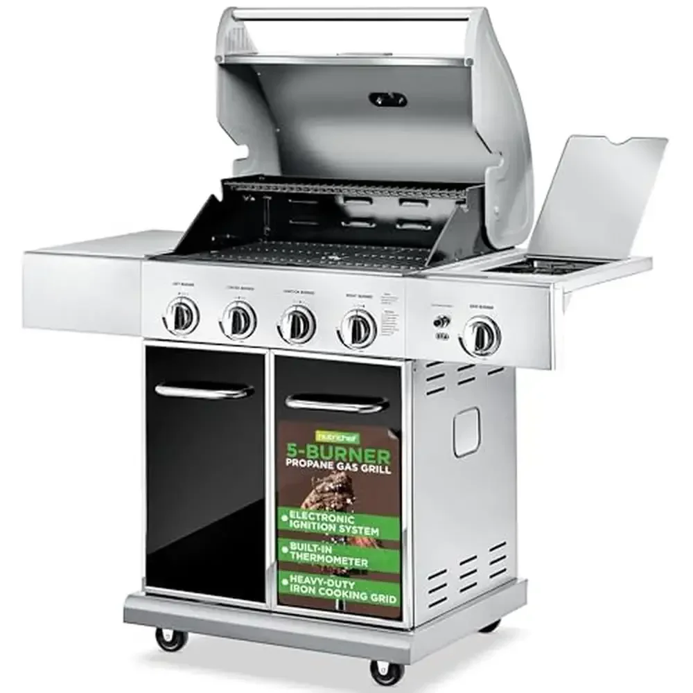 

Stainless Steel 5-Burner Propane Gas Grill Electronic Ignition System Heavy-Duty Construction Built-in Thermometer