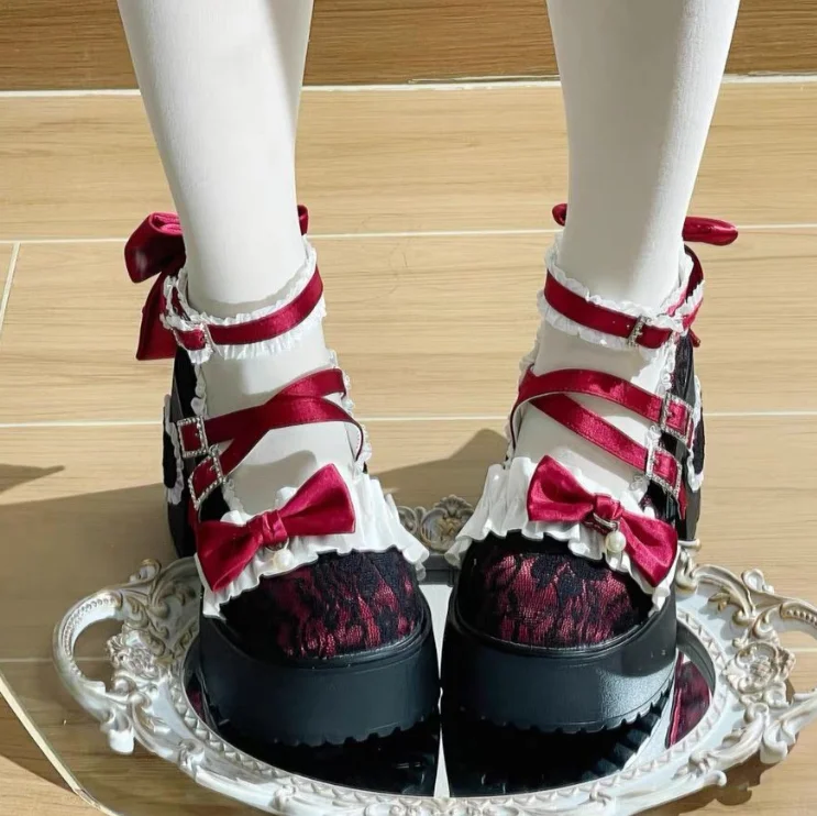 لوليتا لطيف الحلو صندل بكعب مكتنز أحذية النساء الدانتيل جولة تو أنيقة ماري جين أحذية الفتيات لوليتا تنوعا أحذية عالية الكعب