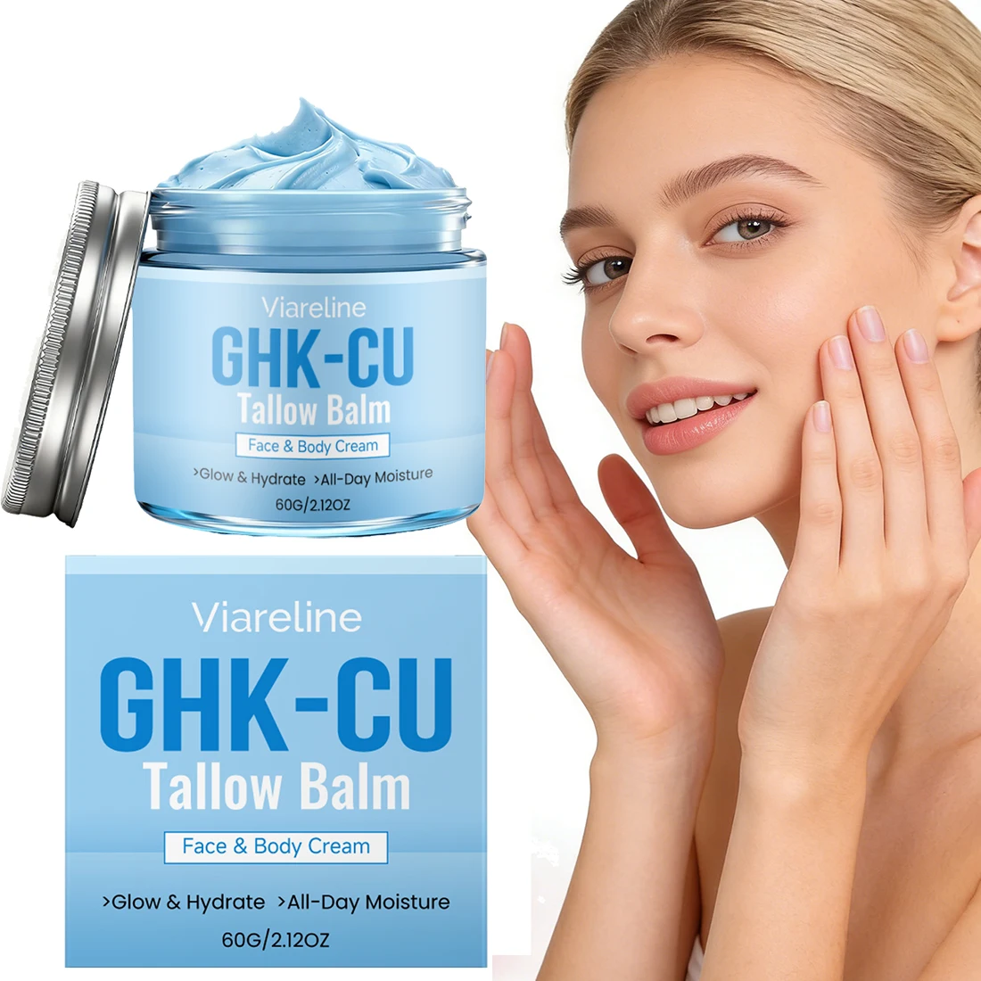 GHK-Cu Peptide Cream for Face, Blue Beef Tallow Moisturizer with Copper Peptides Gentle Safe for Face Hands Body Deep Nourishing