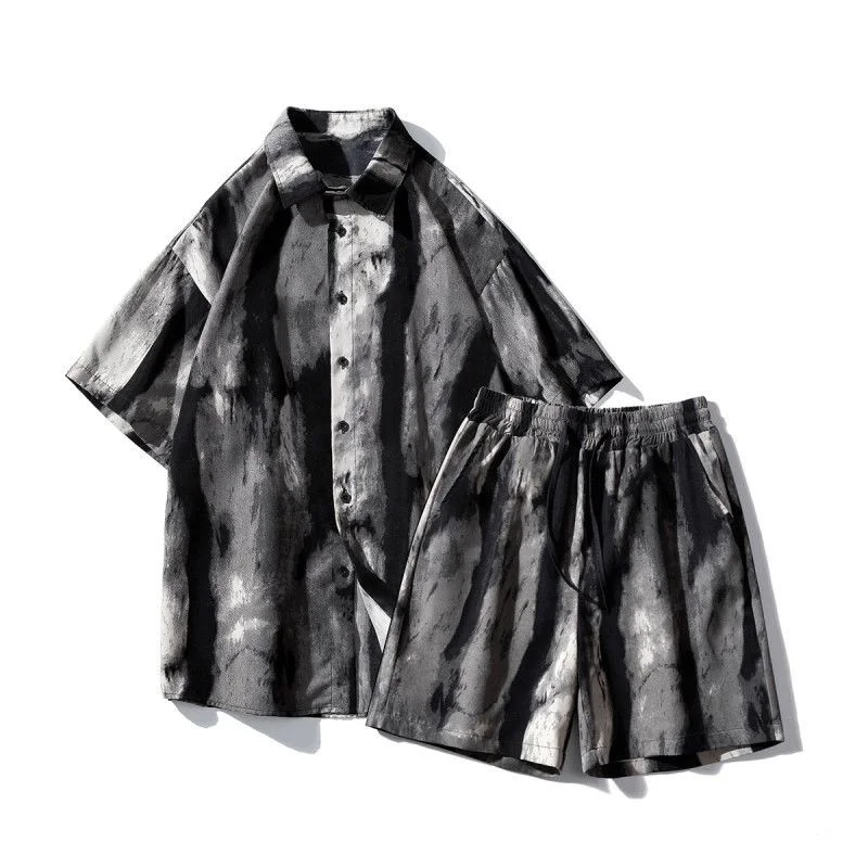 Ink Tie Dye Casual Suit Men's Shirt Short-sleeved Summer Loose Shorts Handsome Ice Silk Advanced Two-piece Set Conjuntos Hombre